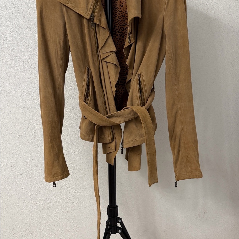 Women’s Brown Suede Ruffle Belted Leather Jacket
